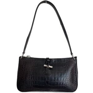 Vintage Longchamp Crocodile Embosed Leather Shoulder Bag Brown Bamboo Toggle Y2K